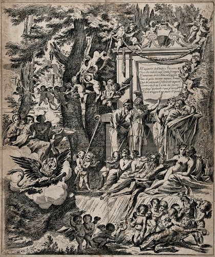 The arrival of a purple griffin, representing Cardinal Franciotti, is greeted in Lucca by virtues, a river god accompanied by naiads, and genii. Etching after P. Testa.