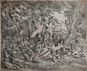 view The garden of Venus: Venus surrounded by many cupids who climb trees and a herm. Etching by P. Testa.