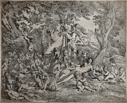 The garden of Venus: Venus surrounded by many cupids who climb trees and a herm. Etching by P. Testa.
