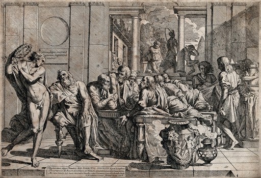 Men engaged in discussion within a classical interior, with musicians and jesters in the background. Etching by P. Testa, 1648.