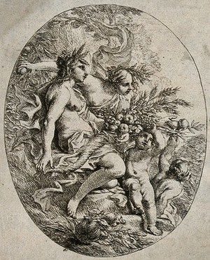 view Bacchus, Ceres and Pomona with a cornucopia of fruit and corn. Etching by C. Schut I.