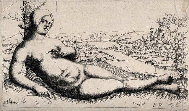 The death of Cleopatra. Etching by or after A. Hirschvogel, 1547.