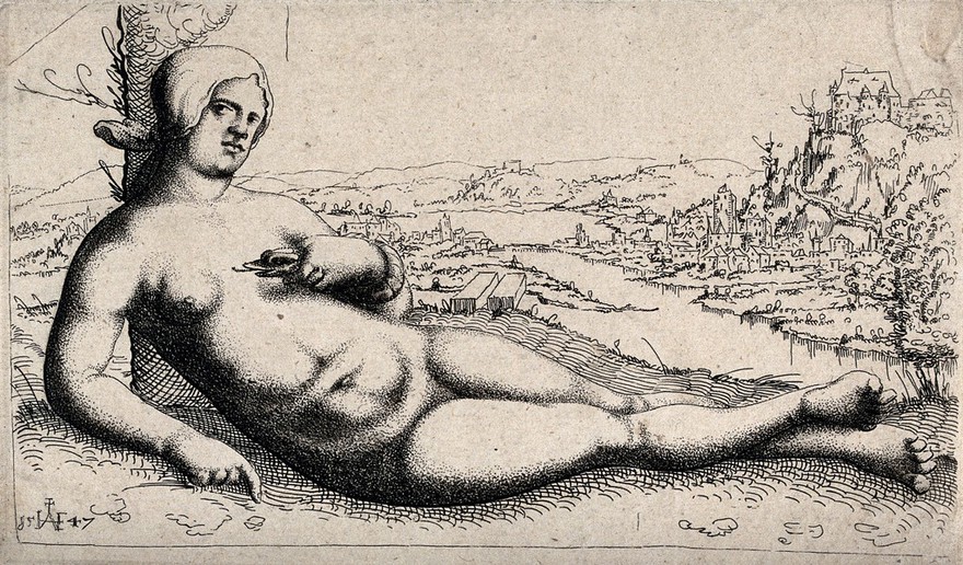 The death of Cleopatra. Etching by or after A. Hirschvogel, 1547.