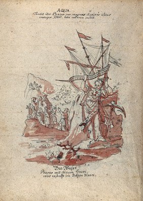 Allegory of water: a woman holding a ship on her shoulders; Moses leading Israelites out of Egypt while Pharaoh and the Egyptians drown. Drawing, ca. 1740.