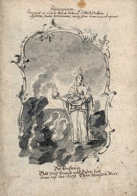 Allegory of water: a woman holding a ship on her shoulders; Moses leading Israelites out of Egypt while Pharaoh and the Egyptians drown. Drawing, ca. 1740.