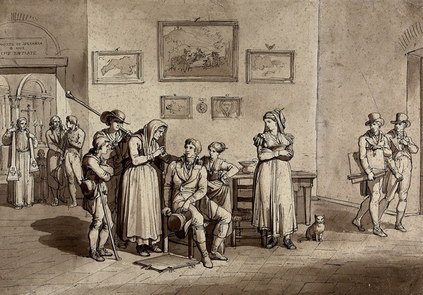 A countrywoman is telling the fortune of a young artist at the entrance to a chapel; two other artists walk past on the right; five paintings on the wall. Drawing by B. Pinelli, 1811.