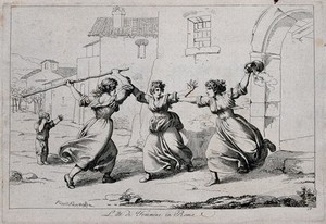 view A woman in Rome is trying to separate two women fighting, one is holding a stick, the other is holding a bucket; a child crying in the background. Etching by B. Pinelli, 1809.