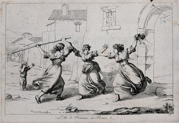 A woman in Rome is trying to separate two women fighting, one is holding a stick, the other is holding a bucket; a child crying in the background. Etching by B. Pinelli, 1809.