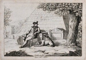 view A writer (Pinelli?) resting, holding a book while sitting on a tombstone, his two dogs at his feet; a pyramid in the background. Etching by B. Pinelli, 1809.