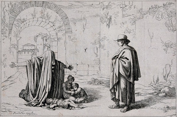 A veiled woman, kneeling, begs a young man for alms; her three sick children at her feet. Etching by B. Pinelli, 1809.