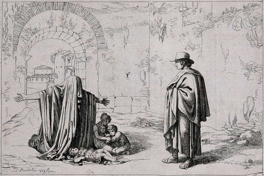 A veiled woman, kneeling, begs a young man for alms; her three sick children at her feet. Etching by B. Pinelli, 1809.