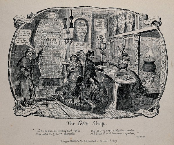 A gin shop: an elegant young woman is selling gin to a group of paupers who are standing in a mantrap; the walls decorated with coffins; Death enters the room dressed as a nightwatchman. Etching by G. Cruikshank, 1829.