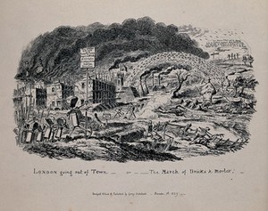 view Building materials marching out of London of their own accord to build suburban housing over greenfield sites. Etching by G. Cruikshank, 1829.