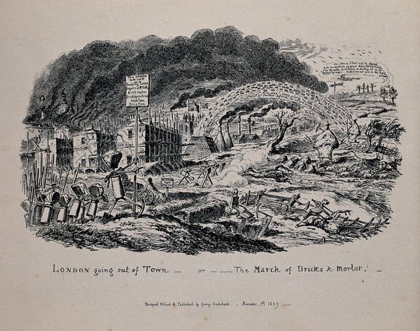 Building materials marching out of London and forming new built-up areas in the countryside. Etching by G. Cruikshank, 1829.