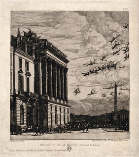 Place de la Concorde, Paris, with the Admiralty building being attacked by flying dragons, fish and horses. Etching by C. Meryon, 1866.