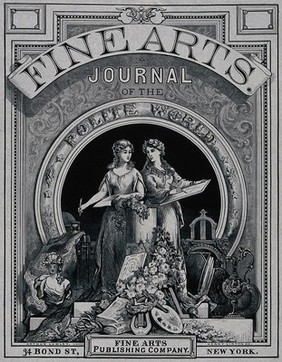 Young women representing poetry and drawing, with examples of sculpture, literature, music, painting, and objets d'art. Wood engraving by H. Linton after A. Lumley.