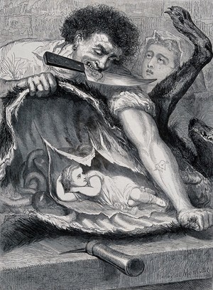 view Little Red Riding Hood: a man with a knife in between his teeth is tearing open the entrails of a wolf, inside which Little Red Riding Hood is reclining; a woman crying in the background. Wood engraving by H. Linton after H. de Montaut, ca. 1865.