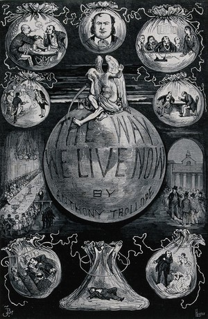 view Father Time, seated on the globe, averts his eyes from the venal scenes depicted in the money-bags around him, involving the fraudulent financier Augustus Melmotte. Wood engraving by H. Linton after F. Barnard.