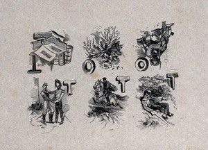 view Six vignettes (with capital letters T or O): an open book with closed books (T); bunch of wild flowers (O); a seated Zouave holding a gun (O); two soldiers (T); a messenger on horseback (T); a boy asleep on the grass (T). Wood engraving by H. Linton.