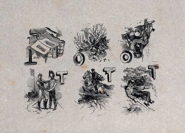 Six vignettes (with capital letters T or O): an open book with closed books (T); bunch of wild flowers (O); a seated Zouave holding a gun (O); two soldiers (T); a messenger on horseback (T); a boy asleep on the grass (T). Wood engraving by H. Linton.