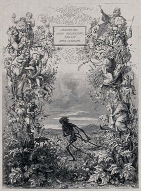 Death as a skeleton is about to cut down with a scythe two plants in which people are living. Wood engraving by J.L. Williams after E.K. Johnson.