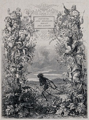 view Death as a skeleton is about to cut down with a scythe two plants in which people are living. Wood engraving by J.L. Williams after E.K. Johnson.