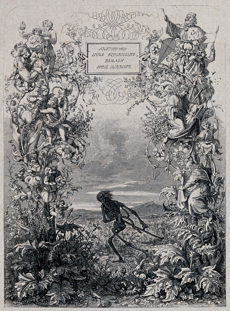 Death as a skeleton is about to cut down with a scythe two plants in which people are living. Wood engraving by J.L. Williams after E.K. Johnson., 1800-1899, by Edward Killingworth Johnson