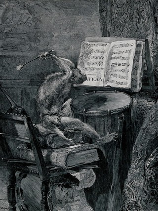 A monkey seated on a pile of books on a chair is playing the drum, looking at an upside down violin score. Wood engraving after Ph. Rousseau, 1861.