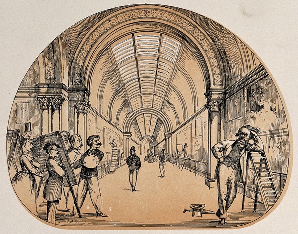 Musée du Louvre, Paris: the Grande Galerie with a British painter. Tinted line block after John Moyr Smith and James Bertrand Payne, 1870.