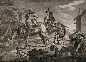 view Hudibras and his squire Ralpho depart on a pair of horses with two rustic peasants watching; one carries a rake and accidentally disturbs a table spilling the contents of two baskets. Engraving by William Hogarth.