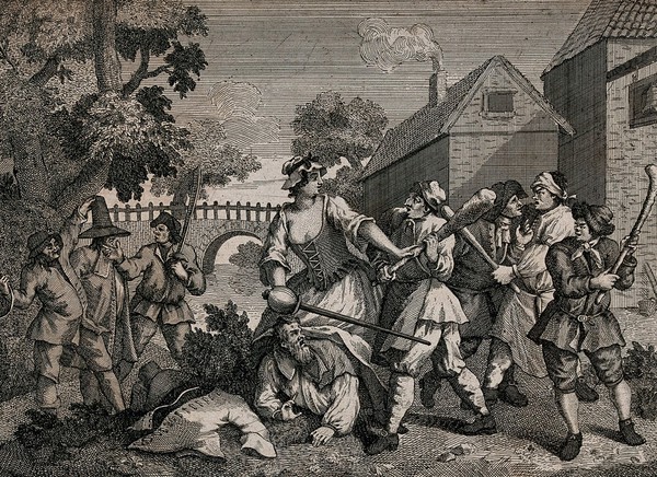 Trulla holding a sword stands over Hudibras and restrains a man bearing a club; Ralpho is held between two men. Engraving by William Hogarth.