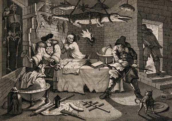 In a chamber containing stuffed animals, a globe and astrological devices Hudibras, about to draw his sword, startles Sidrophel and Whacum. Engraving by William Hogarth.