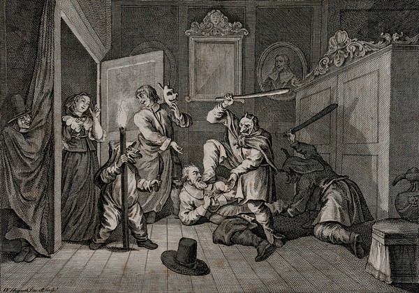 Two men wearing masks club Hudibras, as Ralphos, removing his mask, and a widow (dressed in black), watch from a doorway. Engraving by William Hogarth.