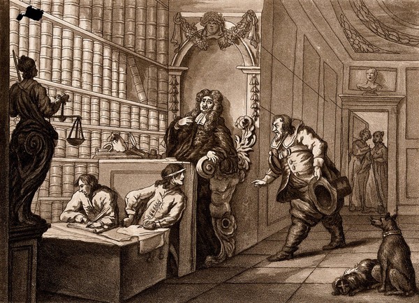 Hudibras addresses a lawyer who sits in an elaborately decorated pew next to shelf of books; two clerks sit beneath. Aquatint by Merigot, 1799, after William Hogarth.