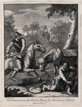 Don Quixote with a lance riding a horse attacks a barber. Engraving by William Hogarth.