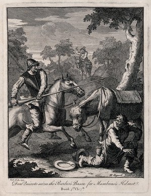 view Don Quixote with a lance riding a horse attacks a barber. Engraving by William Hogarth.