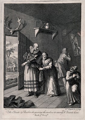 A woman helps to adjust a dress worn by the curate as the barber examines his reflection in a mirror with a beard, in a room furnished with a set of antlers over the door. Engraving by William Hogarth.