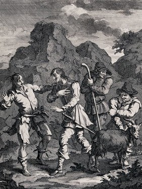 Four figures including the knight of the rock, Don Quixote, Sancho Panza, a goatherd and a goat. Engraving by William Hogarth.