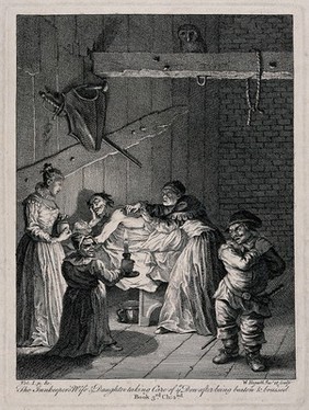 An old woman soothes a wound on Don Quixote's back. Engraving by William Hogarth.