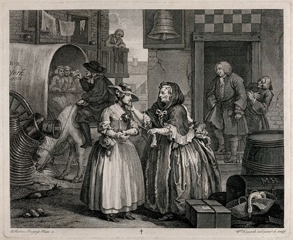 Moll Hackabout is greeted by the brothel keeper, Mother Needham; in the background Colonel Francis Charteris stands at a doorway. Engraving by William Hogarth, 1732.