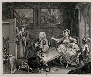 view Moll Hackabout, the mistress of a wealthy Jewish merchant in a richly decorated apartment room, kicks over a tea table as her young lover tip-toes out aided by a maidservant. Engraving by William Hogarth.