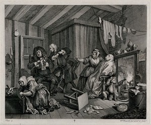 view Wrapped in "sweating" blankets and close to the fire Moll Hackabout nears death as two doctors argue. Engraving by William Hogarth.