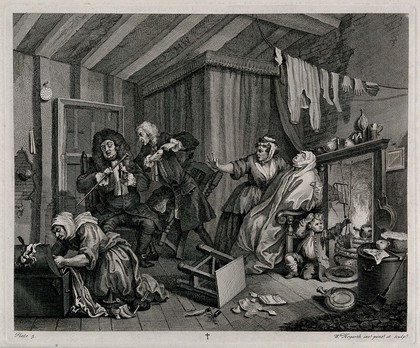 Wrapped in "sweating" blankets and close to the fire Moll Hackabout nears death as two doctors argue. Engraving by William Hogarth.