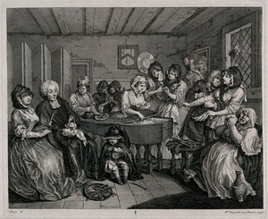 view A coffin containing the body of Moll Hackabout surrounded by a parson among other so-called mourners. Engraving by William Hogarth.