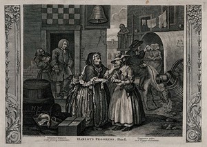 view Moll Hackabout is greeted by the brothel keeper, Mother Needham; in the background Colonel Francis Charteris stands at a doorway. Engraving after William Hogarth.