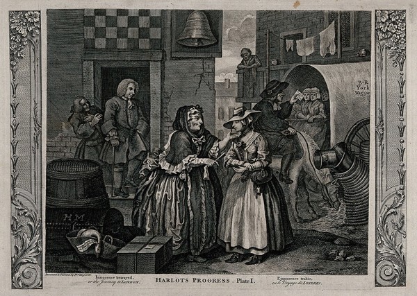 Moll Hackabout is greeted by the brothel keeper, Mother Needham; in the background Colonel Francis Charteris stands at a doorway. Engraving after William Hogarth.