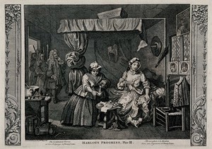 view Moll Hackabout dangles a watch and a poxed maid ("bunter") empties the contents of a jug, while Sir John Gonson, a magistrate, and a group of bailiffs enter the room to arrest her. Engraving after William Hogarth, 1732.