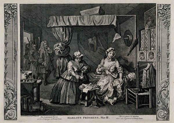 Moll Hackabout dangles a watch and a poxed maid ("bunter") empties the contents of a jug, while Sir John Gonson, a magistrate, and a group of bailiffs enter the room to arrest her. Engraving after William Hogarth, 1732.