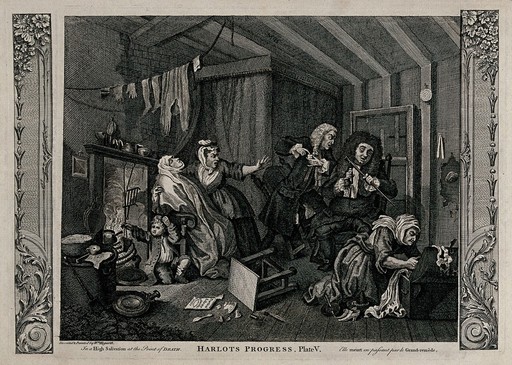 Wrapped in "sweating" blankets and close to the fire, Moll Hackabout nears death as the doctors argue. Engraving after William Hogarth.