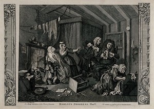 view Wrapped in "sweating" blankets and close to the fire, Moll Hackabout nears death as the doctors argue over her illness. Engraving after William Hogarth.